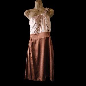 One-Shoulder Satin Midi Dress With Ruched Bodice In Blush Pink & Brown